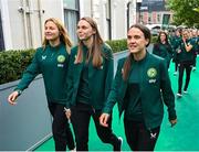 28 June 2023; Primary Partners of the Republic of Ireland Women’s National Team, Sky Ireland, celebrated the WNT ahead of the World Cup with an unforgettable night in The Round Room at the Mansion House in Dublin. Pictured are, from left, Republic of Ireland's Kyra Carusa, Megan Walsh and Ciara Grant. The event, hosted with Off the Ball, brought players and fans together to celebrate the team before they travel to Australia to take part in the biggest tournament in the team’s history. Special guest performances on the night came from impressionist Conor Moore and singer-songwriter Gavin James. Photo by Stephen McCarthy/Sportsfile