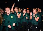 28 June 2023; Primary Partners of the Republic of Ireland Women’s National Team, Sky Ireland, celebrated the WNT ahead of the World Cup with an unforgettable night in The Round Room at the Mansion House in Dublin. Pictured are, Republic of Ireland players, from left, Claire O'Riordan, Diane Caldwell, Lucy Quinn, Abbie Larkin and Ruesha Littlejohn. The event, hosted with Off the Ball, brought players and fans together to celebrate the team before they travel to Australia to take part in the biggest tournament in the team’s history. Special guest performances on the night came from impressionist Conor Moore and singer-songwriter Gavin James. Photo by Stephen McCarthy/Sportsfile