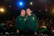 28 June 2023; Primary Partners of the Republic of Ireland Women’s National Team, Sky Ireland, celebrated the WNT ahead of the World Cup with an unforgettable night in The Round Room at the Mansion House in Dublin. Pictured are Amber Barrett, left, and goalkeeper Courtney Brosnan .The event, hosted with Off the Ball, brought players and fans together to celebrate the team before they travel to Australia to take part in the biggest tournament in the team’s history. Special guest performances on the night came from impressionist Conor Moore and singer-songwriter Gavin James. Photo by Stephen McCarthy/Sportsfile