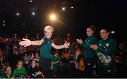 28 June 2023; Primary Partners of the Republic of Ireland Women’s National Team, Sky Ireland, celebrated the WNT ahead of the World Cup with an unforgettable night in The Round Room at the Mansion House in Dublin. Pictured is Republic of Ireland manager Vera Pauw and her players. The event, hosted with Off the Ball, brought players and fans together to celebrate the team before they travel to Australia to take part in the biggest tournament in the team’s history. Special guest performances on the night came from impressionist Conor Moore and singer-songwriter Gavin James. Photo by Stephen McCarthy/Sportsfile
