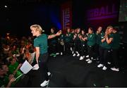 28 June 2023; Primary Partners of the Republic of Ireland Women’s National Team, Sky Ireland, celebrated the WNT ahead of the World Cup with an unforgettable night in The Round Room at the Mansion House in Dublin. Pictured is Republic of Ireland manager Vera Pauw and her players. The event, hosted with Off the Ball, brought players and fans together to celebrate the team before they travel to Australia to take part in the biggest tournament in the team’s history. Special guest performances on the night came from impressionist Conor Moore and singer-songwriter Gavin James. Photo by Stephen McCarthy/Sportsfile