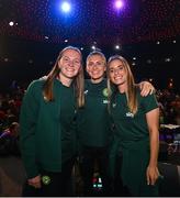 28 June 2023; Primary Partners of the Republic of Ireland Women’s National Team, Sky Ireland, celebrated the WNT ahead of the World Cup with an unforgettable night in The Round Room at the Mansion House in Dublin. Pictured are Republic of Ireland players, from left, Courtney Brosnan, Sinead Farrelly and Chloe Mustaki. The event, hosted with Off the Ball, brought players and fans together to celebrate the team before they travel to Australia to take part in the biggest tournament in the team’s history. Special guest performances on the night came from impressionist Conor Moore and singer-songwriter Gavin James. Photo by Stephen McCarthy/Sportsfile