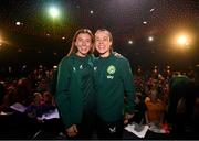 28 June 2023; Primary Partners of the Republic of Ireland Women’s National Team, Sky Ireland, celebrated the WNT ahead of the World Cup with an unforgettable night in The Round Room at the Mansion House in Dublin. Pictured are Abbie Larkin and Áine O'Gorman, right.The event, hosted with Off the Ball, brought players and fans together to celebrate the team before they travel to Australia to take part in the biggest tournament in the team’s history. Special guest performances on the night came from impressionist Conor Moore and singer-songwriter Gavin James. Photo by Stephen McCarthy/Sportsfile