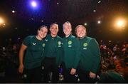 28 June 2023; Primary Partners of the Republic of Ireland Women’s National Team, Sky Ireland, celebrated the WNT ahead of the World Cup with an unforgettable night in The Round Room at the Mansion House in Dublin. Pictured are Republic of Ireland players, from left, Ciara Grant, Katie McCabe, Claire O'Riordan and Amber Barrett. The event, hosted with Off the Ball, brought players and fans together to celebrate the team before they travel to Australia to take part in the biggest tournament in the team’s history. Special guest performances on the night came from impressionist Conor Moore and singer-songwriter Gavin James. Photo by Stephen McCarthy/Sportsfile