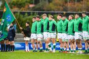 29 June 2023; The Ireland team stand for the national anthem before the U20 Rugby World Cup match between Australia and Ireland at Paarl Gymnasium in Paarl, South Africa. Photo by Thinus Maritz/Sportsfile