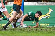 29 June 2023; James Nicholson of Ireland score his first try during the U20 Rugby World Cup match between Australia and Ireland at Paarl Gymnasium in Paarl, South Africa. Photo by Thinus Maritz/Sportsfile