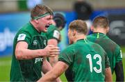 29 June 2023; Charlie Irvine and Hugh Gavin of Ireland, left, celebrates after teammate Brian Gleeson, not pictured, scored their side's second try during the U20 Rugby World Cup match between Australia and Ireland at Paarl Gymnasium in Paarl, South Africa. Photo by Thinus Maritz/Sportsfile