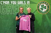29 June 2023; Goalkeeper Grace Moloney is presented with her jersey by Republic of Ireland manager Vera Pauw during a Republic of Ireland FIFA Women's World Cup 2023 squad announcement event at O'Reilly Hall in UCD, Dublin. Photo by Stephen McCarthy/Sportsfile