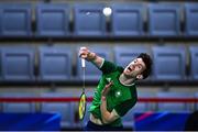 29 June 2023; Joshua Magee of Ireland in action against Thom Gicquel and Delphine Delrue of France during the badminton Mixed Doubles Group at the Jaskolka Arena during the European Games 2023 in Poland.. Photo by Tyler Miller/Sportsfile