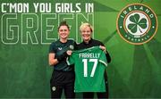 29 June 2023; Niamh Farrelly is presented with her jersey by Republic of Ireland manager Vera Pauw during a Republic of Ireland FIFA Women's World Cup 2023 squad announcement event at O'Reilly Hall in UCD, Dublin. Photo by Stephen McCarthy/Sportsfile