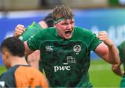 29 June 2023; Charlie Irvine of Ireland celebrates after teammate Brian Gleeson, not pictured, scored their side's second try during the U20 Rugby World Cup match between Australia and Ireland at Paarl Gymnasium in Paarl, South Africa. Photo by Thinus Maritz/Sportsfile