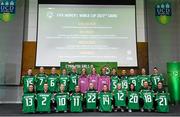 29 June 2023; Republic of Ireland players with their jerseys during a Republic of Ireland FIFA Women's World Cup 2023 squad announcement event at O'Reilly Hall in UCD, Dublin. Photo by Stephen McCarthy/Sportsfile