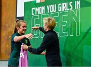 29 June 2023; Goalkeeper Grace Moloney is presented with her jersey by Republic of Ireland manager Vera Pauw during a Republic of Ireland FIFA Women's World Cup 2023 squad announcement event at O'Reilly Hall in UCD, Dublin. Photo by Sam Barnes/Sportsfile