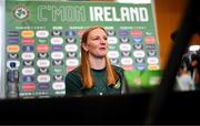 29 June 2023; Goalkeeper Courtney Brosnan speaking to media during a Republic of Ireland FIFA Women's World Cup 2023 squad announcement event at O'Reilly Hall in UCD, Dublin. Photo by Stephen McCarthy/Sportsfile