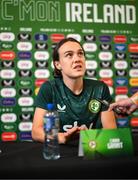 29 June 2023; Ciara Grant speaking to medai during a Republic of Ireland FIFA Women's World Cup 2023 squad announcement event at O'Reilly Hall in UCD, Dublin. Photo by Stephen McCarthy/Sportsfile