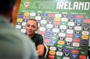 29 June 2023; Katie McCabe speaking to media during a Republic of Ireland FIFA Women's World Cup 2023 squad announcement event at O'Reilly Hall in UCD, Dublin. Photo by Stephen McCarthy/Sportsfile