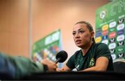 29 June 2023; Katie McCabe speaking to media during a Republic of Ireland FIFA Women's World Cup 2023 squad announcement event at O'Reilly Hall in UCD, Dublin. Photo by Stephen McCarthy/Sportsfile