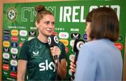 29 June 2023; Sinead Farrelly with to Sinead Carroll of Second Captains during a Republic of Ireland FIFA Women's World Cup 2023 squad announcement event at O'Reilly Hall in UCD, Dublin. Photo by Stephen McCarthy/Sportsfile