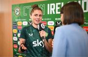 29 June 2023; Sinead Farrelly speaking to Sinead Carroll of Second Captains during a Republic of Ireland FIFA Women's World Cup 2023 squad announcement event at O'Reilly Hall in UCD, Dublin. Photo by Stephen McCarthy/Sportsfile