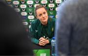 29 June 2023; Heather Payne speaking to media during a Republic of Ireland FIFA Women's World Cup 2023 squad announcement event at O'Reilly Hall in UCD, Dublin. Photo by Sam Barnes/Sportsfile