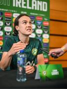 29 June 2023; Ciara Grant speaking to media during a Republic of Ireland FIFA Women's World Cup 2023 squad announcement event at O'Reilly Hall in UCD, Dublin. Photo by Stephen McCarthy/Sportsfile