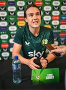 29 June 2023; Ciara Grant speaking to media during a Republic of Ireland FIFA Women's World Cup 2023 squad announcement event at O'Reilly Hall in UCD, Dublin. Photo by Stephen McCarthy/Sportsfile