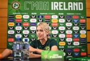 29 June 2023; Denise O'Sullivan speaking to media during a Republic of Ireland FIFA Women's World Cup 2023 squad announcement event at O'Reilly Hall in UCD, Dublin. Photo by Stephen McCarthy/Sportsfile