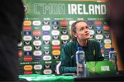 29 June 2023; Heather Payne speaking to media during a Republic of Ireland FIFA Women's World Cup 2023 squad announcement event at O'Reilly Hall in UCD, Dublin. Photo by Stephen McCarthy/Sportsfile