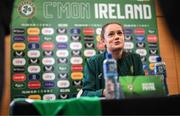 29 June 2023; Heather Payne speaking to media during a Republic of Ireland FIFA Women's World Cup 2023 squad announcement event at O'Reilly Hall in UCD, Dublin. Photo by Stephen McCarthy/Sportsfile