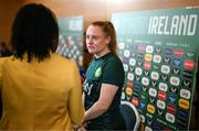 29 June 2023; Amber Barrett speaking to media during a Republic of Ireland FIFA Women's World Cup 2023 squad announcement event at O'Reilly Hall in UCD, Dublin. Photo by Stephen McCarthy/Sportsfile