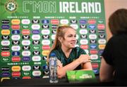 29 June 2023; Goalkeeper Grace Moloney speaking to media during a Republic of Ireland FIFA Women's World Cup 2023 squad announcement event at O'Reilly Hall in UCD, Dublin. Photo by Stephen McCarthy/Sportsfile