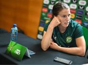 29 June 2023; Niamh Fahey speaking to media during a Republic of Ireland FIFA Women's World Cup 2023 squad announcement event at O'Reilly Hall in UCD, Dublin. Photo by Stephen McCarthy/Sportsfile