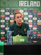 29 June 2023; Heather Payne speaking to media during a Republic of Ireland FIFA Women's World Cup 2023 squad announcement event at O'Reilly Hall in UCD, Dublin. Photo by Stephen McCarthy/Sportsfile