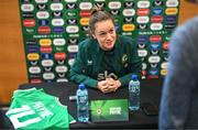 29 June 2023; Heather Payne speaking to media during a Republic of Ireland FIFA Women's World Cup 2023 squad announcement event at O'Reilly Hall in UCD, Dublin. Photo by Stephen McCarthy/Sportsfile