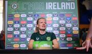 29 June 2023; Diane Caldwell speaking to media during a Republic of Ireland FIFA Women's World Cup 2023 squad announcement event at O'Reilly Hall in UCD, Dublin. Photo by Stephen McCarthy/Sportsfile