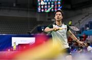 29 June 2023; Nhat Nguyen of Ireland in action against Viktor Axelsen of Denmark during the badminton Men's Singles Round of 16 at the Jaskolka Arena during the European Games 2023 in Poland.. Photo by Tyler Miller/Sportsfile