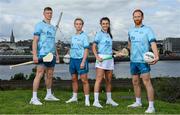 29 June 2023; Ambassadors, from left, Tipperary hurler Bryan O'Mara, Armagh ladies footballer Shauna Grey, Kilkenny Camogie player Steffi Fitzgerald and Derry footballer Conor Glass pictured at the FRS Recruitment GAA World Games launch at the Peace Bridge in Derry. Photo by Seb Daly/Sportsfile