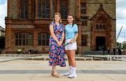 29 June 2023; Uachtarán an Cumann Camógaíochta Hilda Breslin, left, and Kilkenny Camogie player Steffi Fitzgerald during at the FRS Recruitment GAA World Games launch at the Guildhall in Derry. Photo by Seb Daly/Sportsfile
