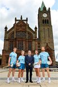 29 June 2023; Ulster LGFA President Gerry Doherty, centre, with ambassadors, from left, Tipperary hurler Bryan O'Mara, Armagh ladies footballer Shauna Grey, Kilkenny Camogie player Steffi Fitzgerald and Derry footballer Conor Glass, during at the FRS Recruitment GAA World Games launch at the Guildhall in Derry. Photo by Seb Daly/Sportsfile