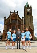 29 June 2023; Uachtarán Chumann Lúthchleas Gael Larry McCarthy, centre, with ambassadors, from left, Tipperary hurler Bryan O'Mara, Armagh ladies footballer Shauna Grey, Kilkenny Camogie player Steffi Fitzgerald and Derry footballer Conor Glass, during at the FRS Recruitment GAA World Games launch at the Guildhall in Derry. Photo by Seb Daly/Sportsfile