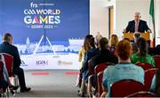 29 June 2023; Derry GAA Chairman John Keenan speaking at the FRS Recruitment GAA World Games launch at Derry GAA Centre of Excellence in Owenbeg, Derry. Photo by Seb Daly/Sportsfile