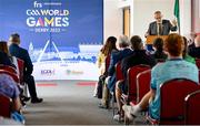 29 June 2023; Uachtarán Chumann Lúthchleas Gael Larry McCarthy speaking at the FRS Recruitment GAA World Games launch at Derry GAA Centre of Excellence in Owenbeg, Derry. Photo by Seb Daly/Sportsfile