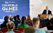 29 June 2023; International GAA Manager Charlie Harrison speaking at the FRS Recruitment GAA World Games launch at Derry GAA Centre of Excellence in Owenbeg, Derry. Photo by Seb Daly/Sportsfile