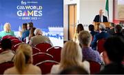29 June 2023; International GAA Manager Charlie Harrison speaking at the FRS Recruitment GAA World Games launch at Derry GAA Centre of Excellence in Owenbeg, Derry. Photo by Seb Daly/Sportsfile