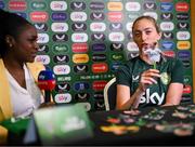 29 June 2023; Megan Connolly spekaing to media during a Republic of Ireland FIFA Women's World Cup 2023 squad announcement event at O'Reilly Hall in UCD, Dublin. Photo by Stephen McCarthy/Sportsfile