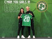 29 June 2023; Marissa Sheva is presented with her jersey by Republic of Ireland manager Vera Pauw during a Republic of Ireland FIFA Women's World Cup 2023 squad announcement event at O'Reilly Hall in UCD, Dublin. Photo by Stephen McCarthy/Sportsfile