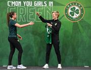 29 June 2023; Abbie Larkin is presented with her jersey by Republic of Ireland manager Vera Pauw during a Republic of Ireland FIFA Women's World Cup 2023 squad announcement event at O'Reilly Hall in UCD, Dublin. Photo by Stephen McCarthy/Sportsfile