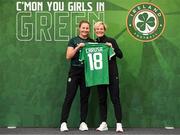 29 June 2023; Kyra Carusa is presented with her jersey by Republic of Ireland manager Vera Pauw during a Republic of Ireland FIFA Women's World Cup 2023 squad announcement event at O'Reilly Hall in UCD, Dublin. Photo by Stephen McCarthy/Sportsfile