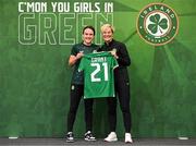 29 June 2023; Ciara Grant is presented with her jersey by Republic of Ireland manager Vera Pauw during a Republic of Ireland FIFA Women's World Cup 2023 squad announcement event at O'Reilly Hall in UCD, Dublin. Photo by Stephen McCarthy/Sportsfile