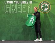 29 June 2023; Heather Payne is presented with her jersey by Republic of Ireland manager Vera Pauw during a Republic of Ireland FIFA Women's World Cup 2023 squad announcement event at O'Reilly Hall in UCD, Dublin. Photo by Stephen McCarthy/Sportsfile